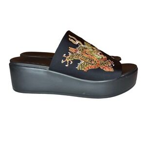 Y2K Bebe Embroidered Dragon Satin Platform Slides Sandals 2000s Rave Size 8